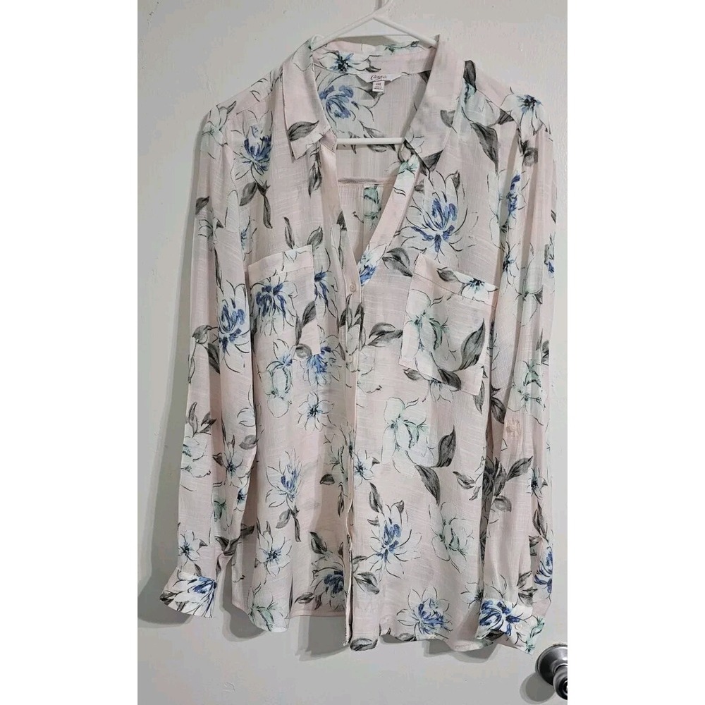 Candies Womens Button-Down Floral Blouse 2XL Pink White Boho Adjustable Sleeves